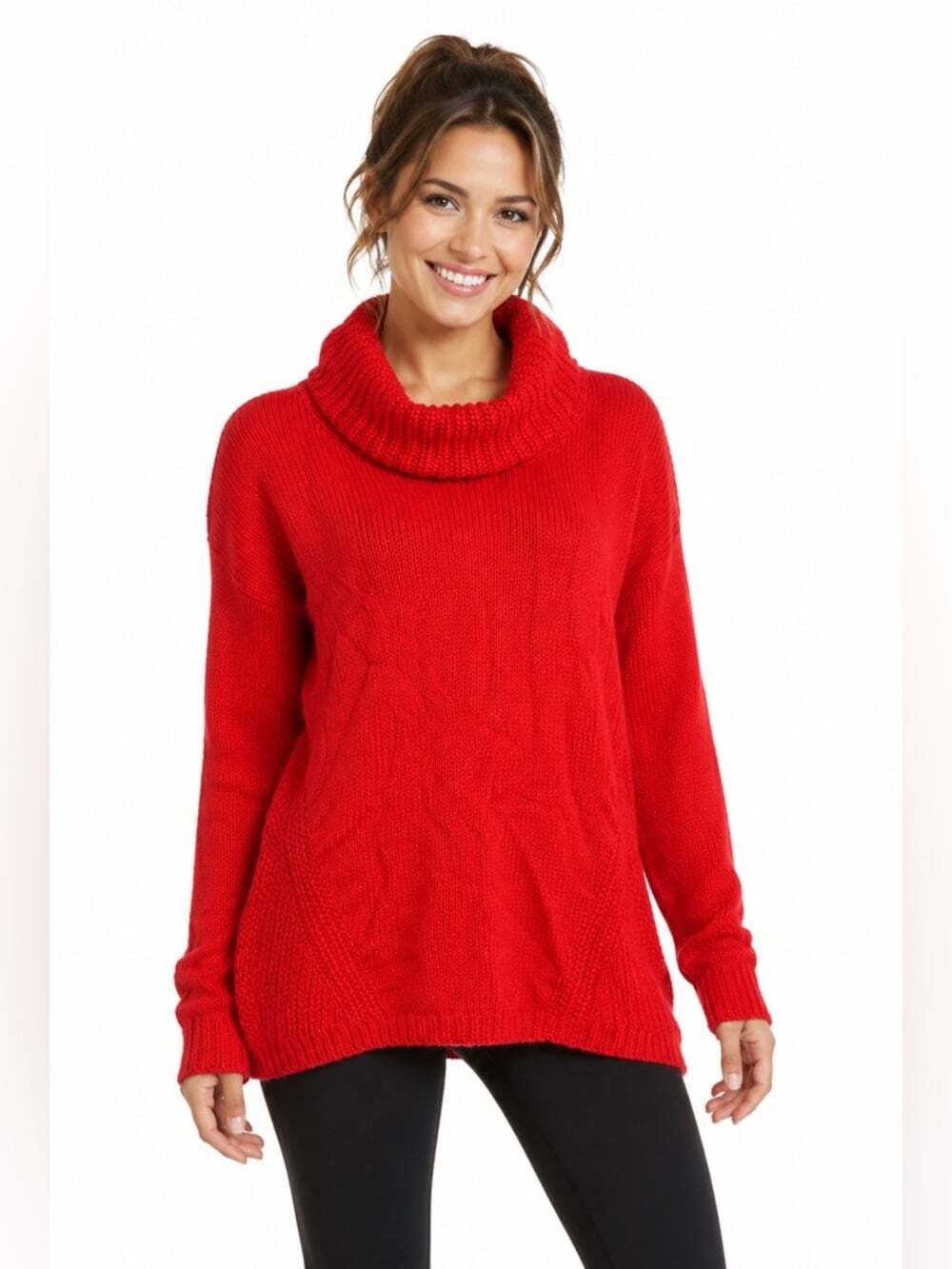 Rachel Zoe Red Oversized Cotton Knitted Cowl Necked Mock Turtleneck Swea…